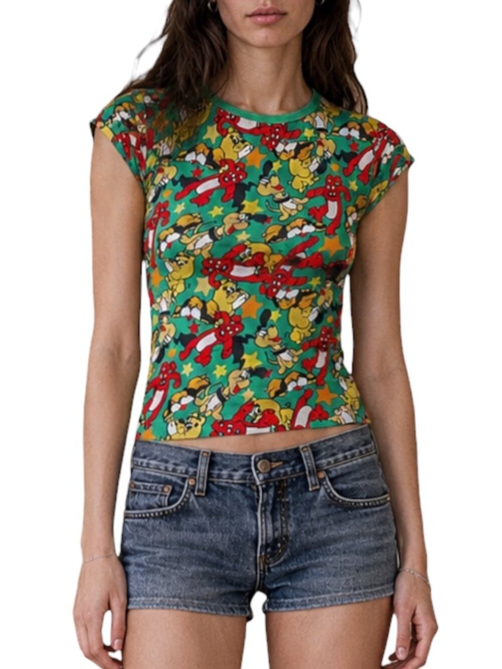 S/M Vintage rare Cartoon Baby Tee Cropped Green Fitted Top Y2K